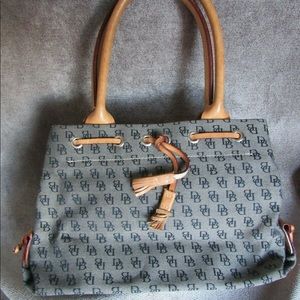 black monogram gray Dooney Bourke fabric / leather accents purse tote